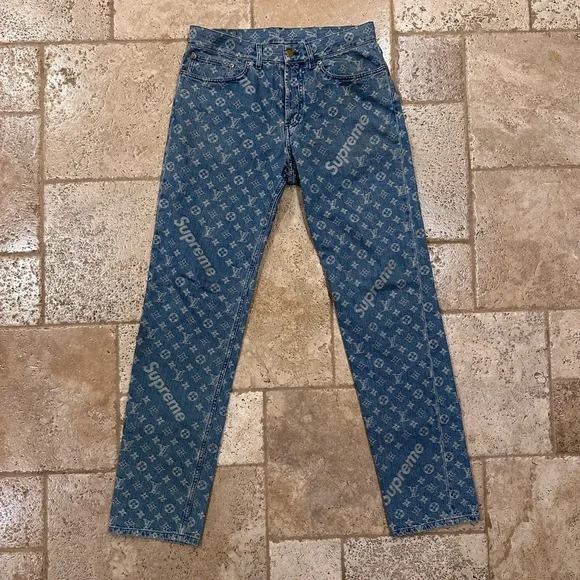 Louis Vuitton x Supreme SS17 LV Jacquard Monogram Blue Denim Jeans